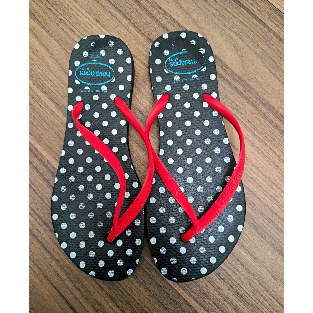 Havaianas Slim Women's 7/8 Black White Polka Dot Red Flip Flops Sandals